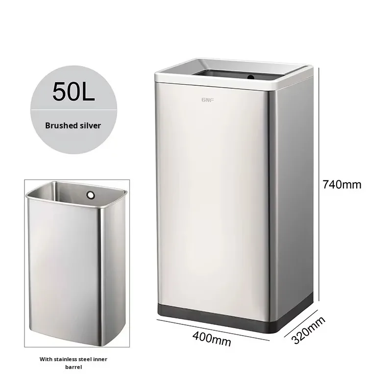 50 liters square brushed silver stainless steel trash can Removable inner bucket Open design Indoor/outdoor use Hotel use
50 liters square brushed silver stainless steel trash can Removable inner bucket Open design Indoor/outdoor use Hotel use