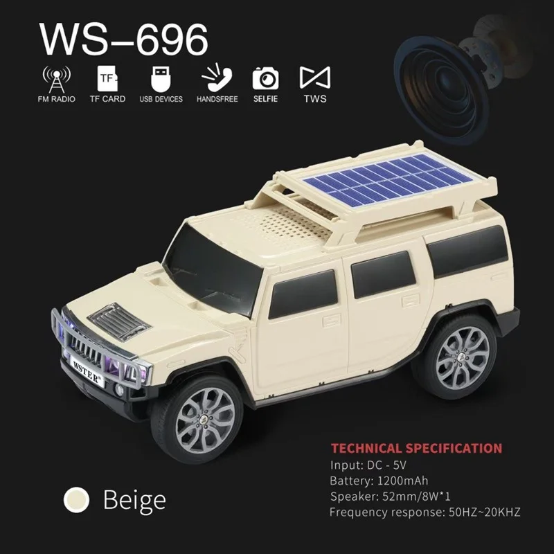 WS-696 Солнечная энергия HUMMER H5 Design Портативный стерео TWS USB TF AUX Беспроводной бас-динамик Caixa De Som с синим зубом и радио
WS-696 Солнечная энергия HUMMER H5 Design Портативный стерео TWS USB TF AUX Беспроводной бас-динамик Caixa De Som с синим зубом и радио