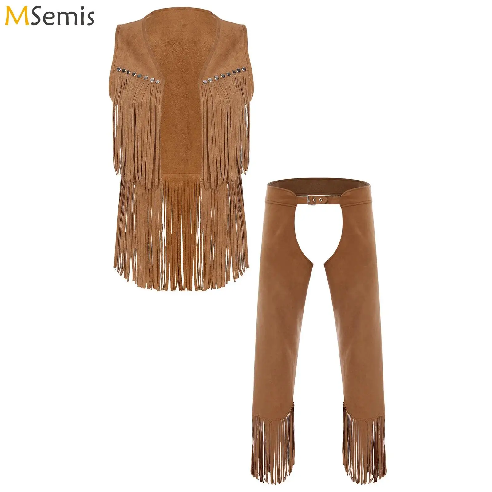 Mens Faux Suede Western Cowboy Halloween Outfit Cosplay Costume Open Front Tassel Vest And Hollow-out Crotch Tiered Fringe Pants
Mens Faux Suede Western Cowboy Halloween Outfit Cosplay Costume Open Front Tassel Vest And Hollow-out Crotch Tiered Fringe Pants