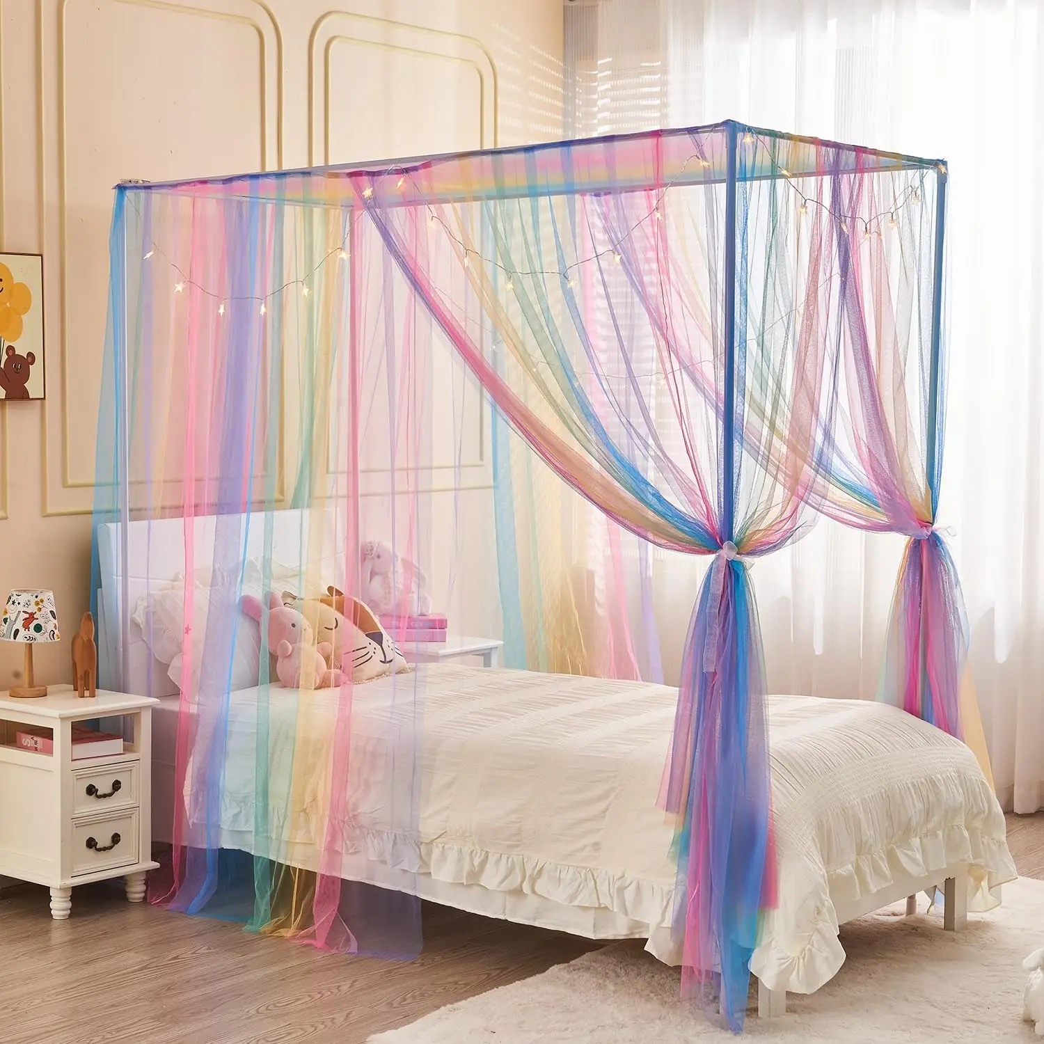 Rainbow Bed Canopy For Girls Kids With Light, 4 Corner Post Princ Canopy Bed Ains With Diy Star Stickers For Bedroom Decor
Rainbow Bed Canopy For Girls Kids With Light, 4 Corner Post Princ Canopy Bed Ains With Diy Star Stickers For Bedroom Decor