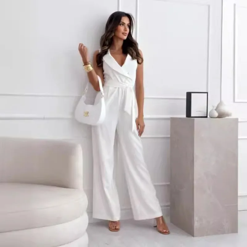 Women's Summer Sleeveless V Neck Belted High Waist Wide Leg Solid Jumpsuit Casual Romper
Women's Summer Sleeveless V Neck Belted High Waist Wide Leg Solid Jumpsuit Casual Romper