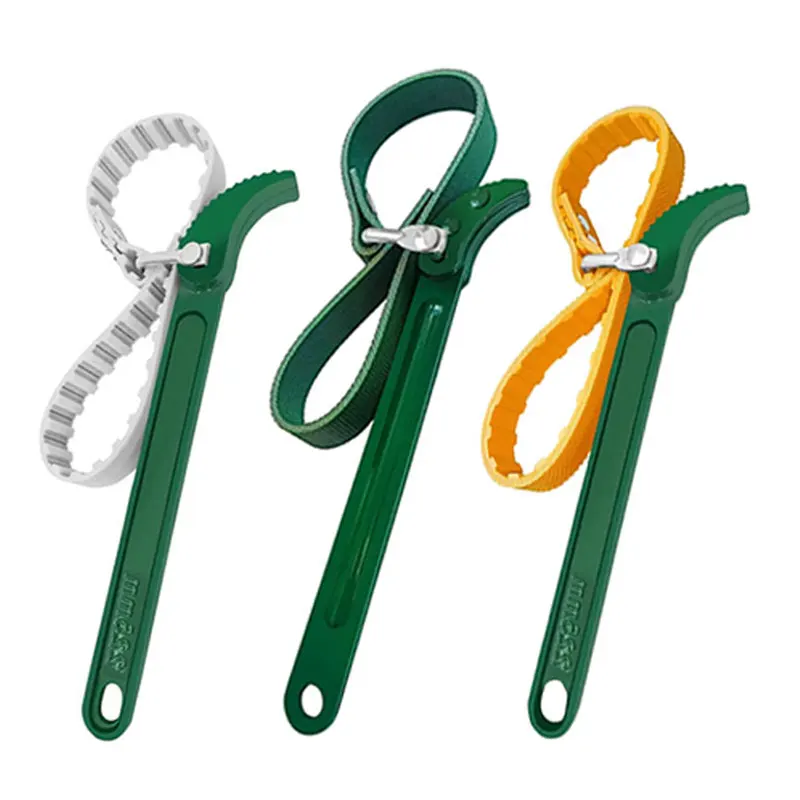 Multi-spec belt-type oil filter wrench. Available in 9-inch, 12-inch and 16-inch sizes for auto repair.
Multi-spec belt-type oil filter wrench. Available in 9-inch, 12-inch and 16-inch sizes for auto repair.