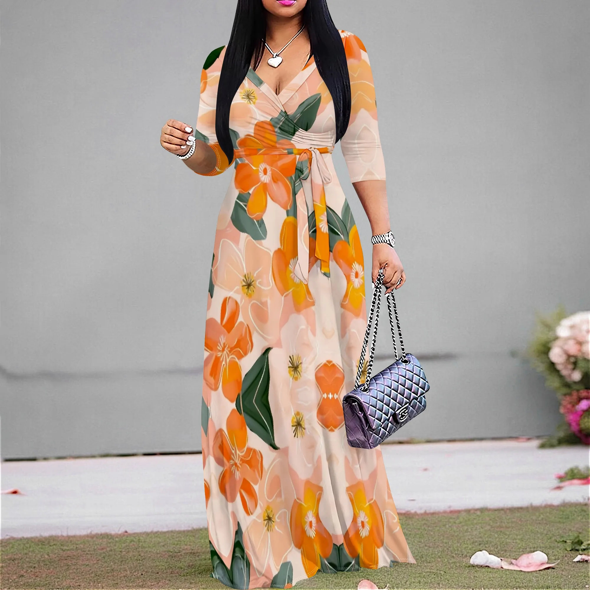 Orange Floral Print Maxi Dress S-3XL V-Neck Wrap with Tie Waist & 3/4 Sleeves for Garden Party, Brunch or Spring Look
Orange Floral Print Maxi Dress S-3XL V-Neck Wrap with Tie Waist & 3/4 Sleeves for Garden Party, Brunch or Spring Look