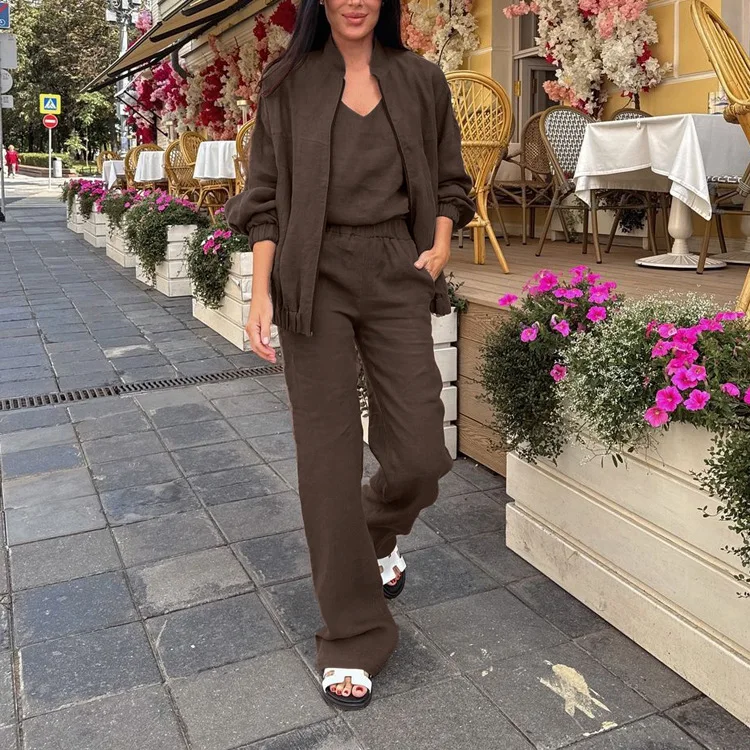 Fashion Brown Loose 3 Pieces Set For Woman Elegant Zipper Shirts And V-Neck Sleeveless Tops + Straight Pockets Pants Sets
Fashion Brown Loose 3 Pieces Set For Woman Elegant Zipper Shirts And V-Neck Sleeveless Tops + Straight Pockets Pants Sets