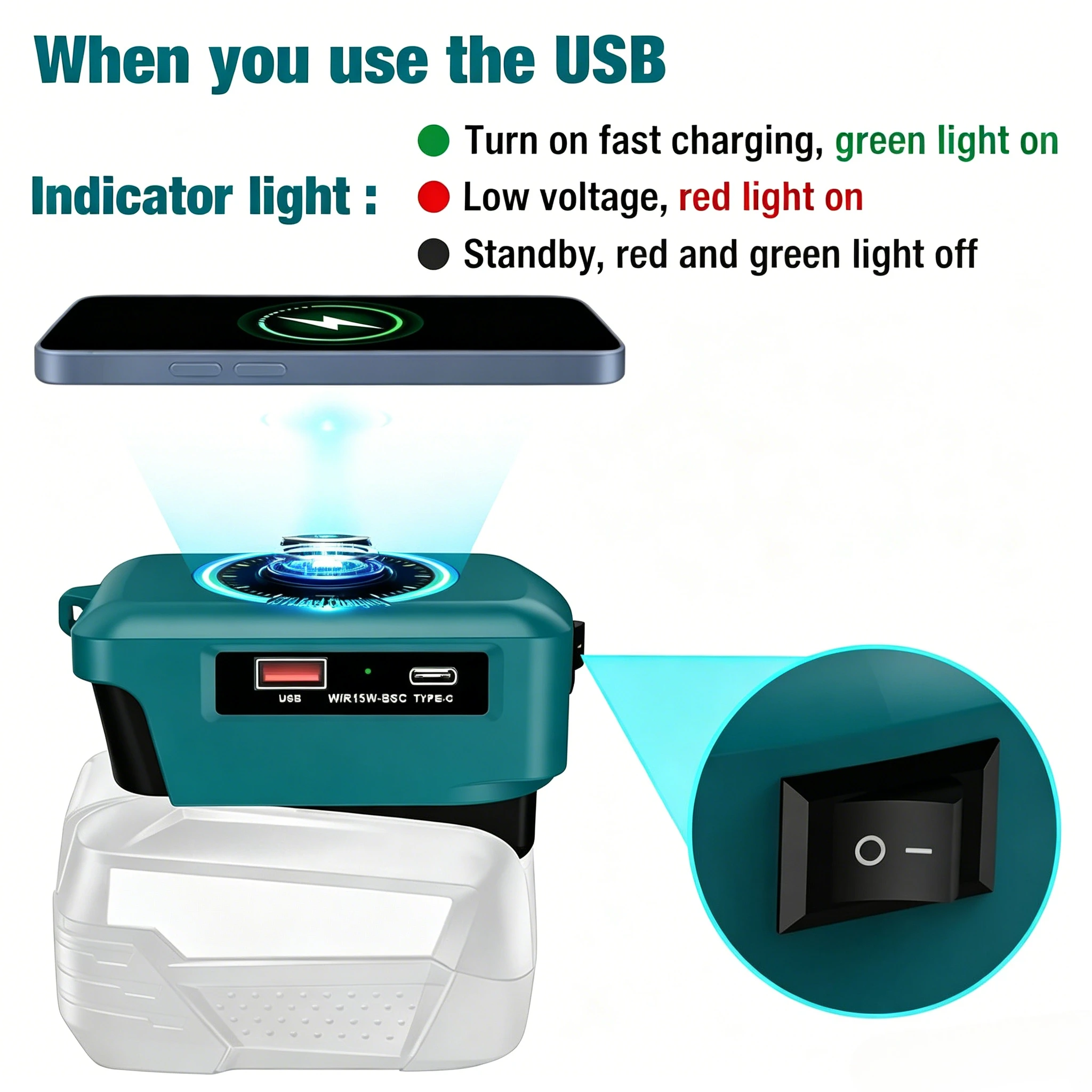 15W Wireless Charger Adapter for Bosch 18v PBA Series Battery Charging Station Adapter for Phone with USB and Type-C Output
15W Wireless Charger Adapter for Bosch 18v PBA Series Battery Charging Station Adapter for Phone with USB and Type-C Output