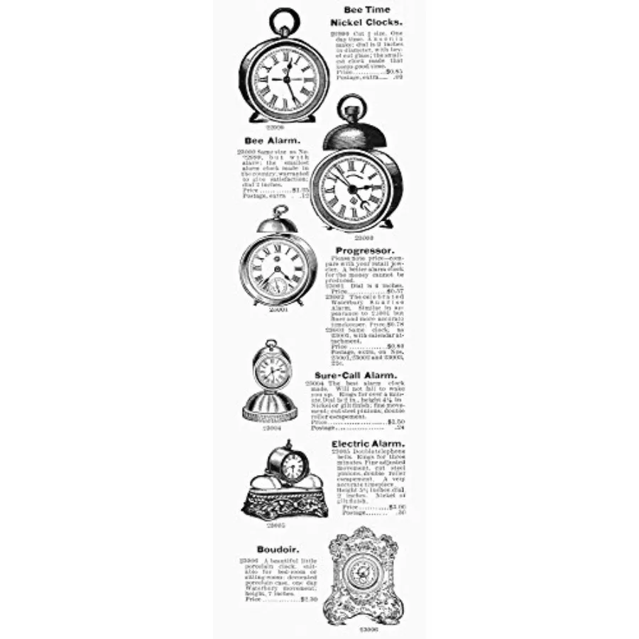 Будильники 1895 года, представленные в каталоге почтовой торговли Montgomery Ward and Co 1895 года, размер 24 x 36 дюймов.
Будильники 1895 года, представленные в каталоге почтовой торговли Montgomery Ward and Co 1895 года, размер 24 x 36 дюймов.