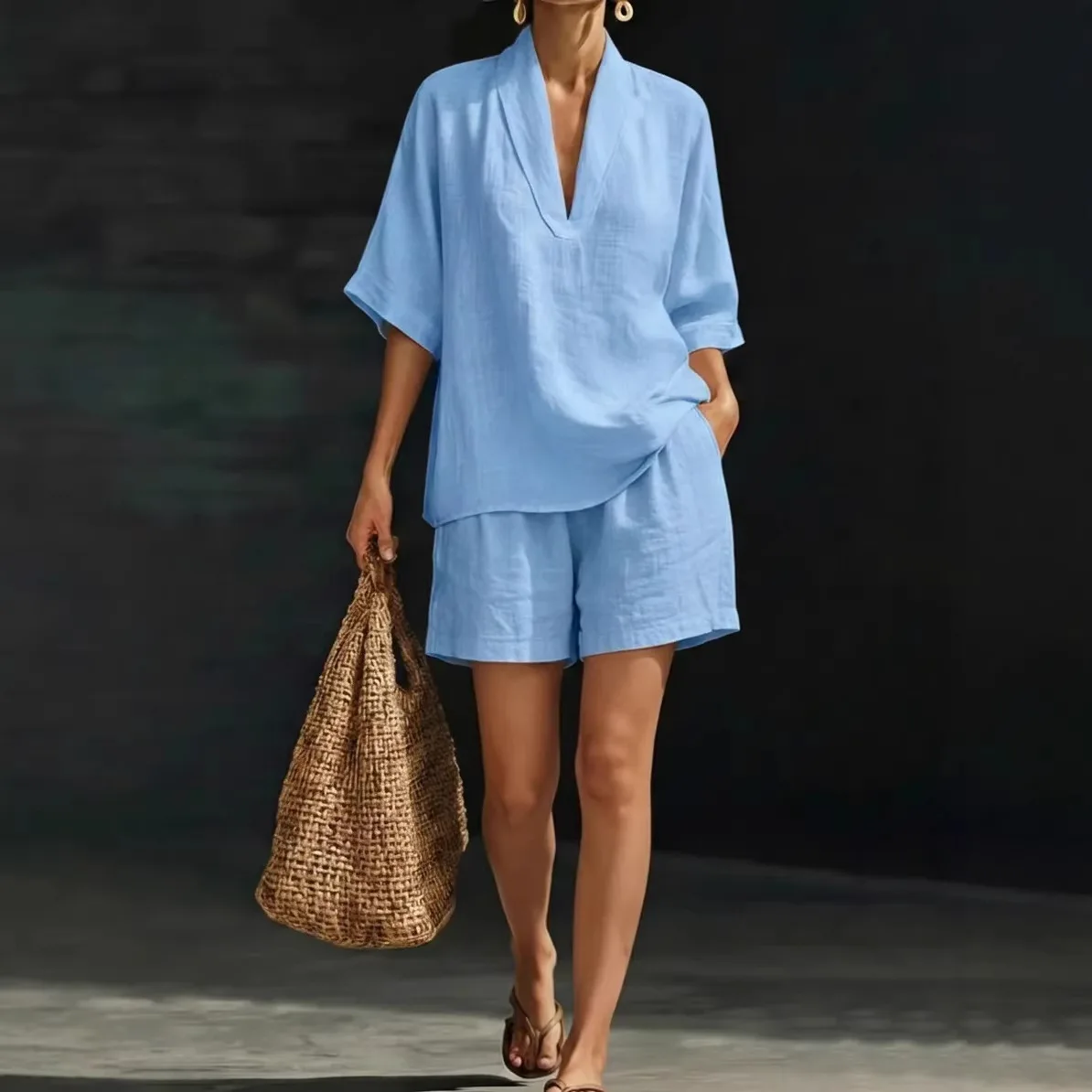 2026 Casual Linen Two Piece Set For Women V Neck Half Sleeve Loose Top And Waist Shorts Summer Breathable Comfort Outfit For Dai
2026 Casual Linen Two Piece Set For Women V Neck Half Sleeve Loose Top And Waist Shorts Summer Breathable Comfort Outfit For Dai