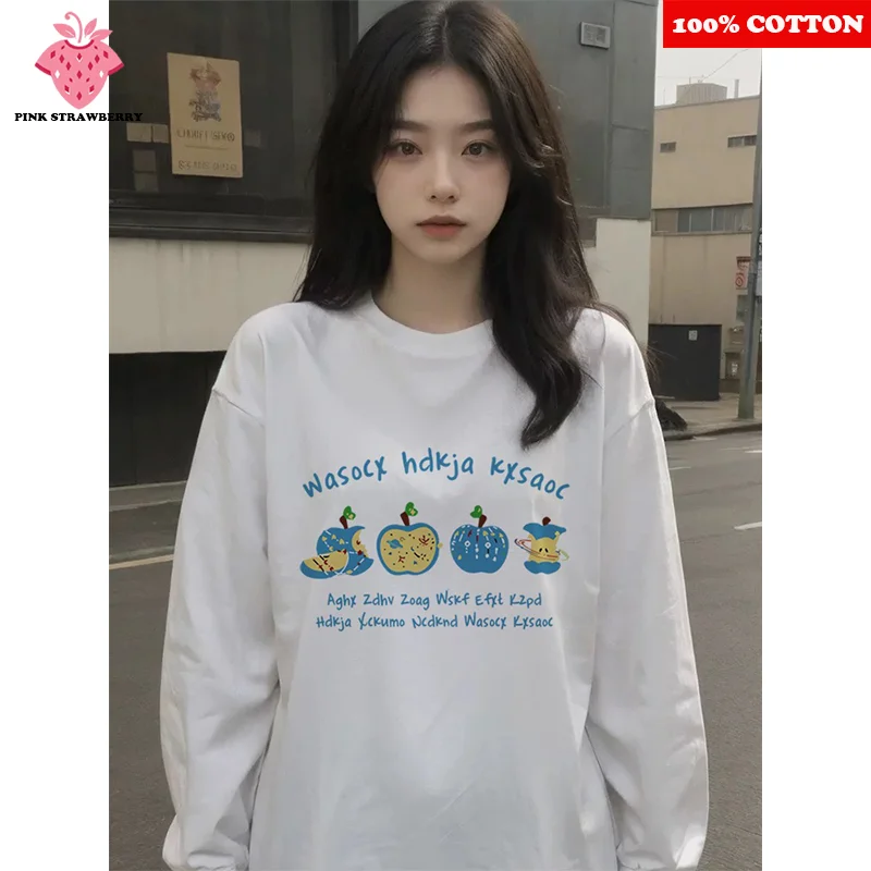 Cartoon Apple Print T-shirt Women Autumn 2025 New 100% Cotton Oversize White Long sleeved Loose T-shirt Y2k Tops Ladies clothing 
Cartoon Apple Print T-shirt Women Autumn 2025 New 100% Cotton Oversize White Long sleeved Loose T-shirt Y2k Tops Ladies clothing
