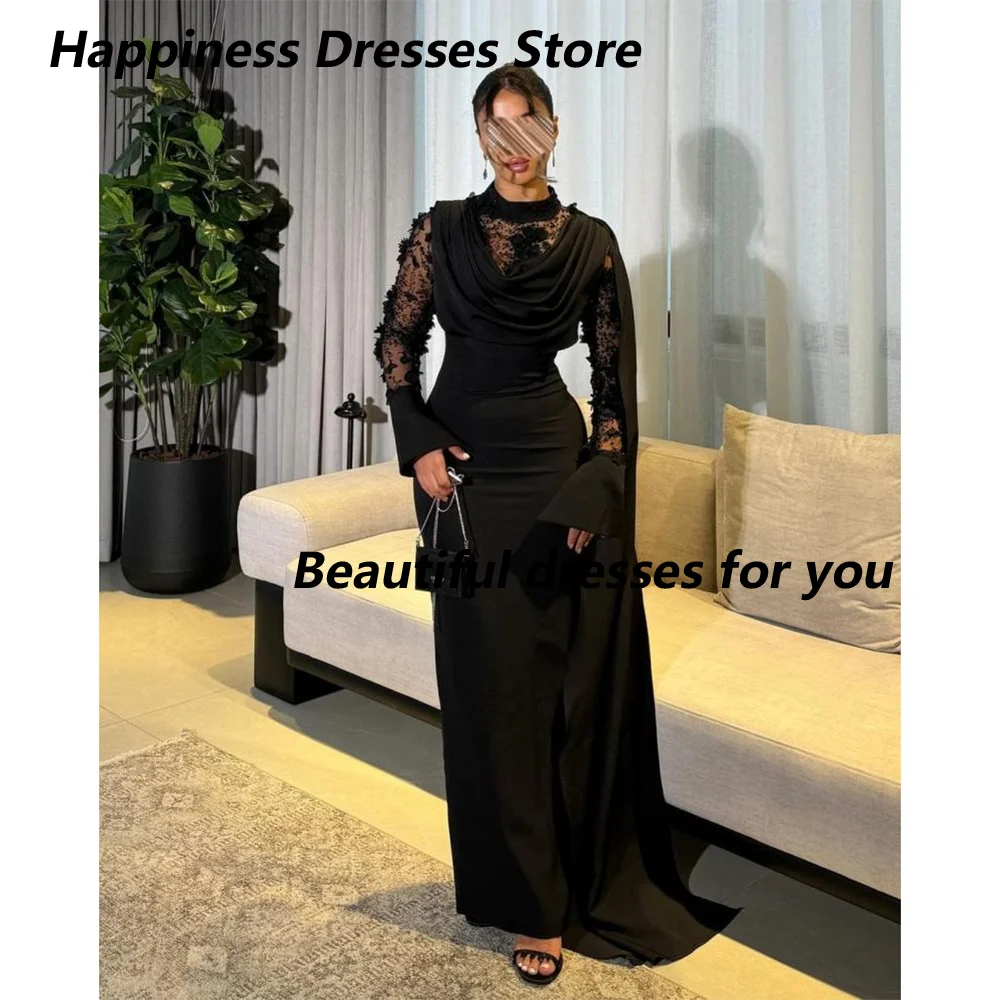 Black Evening Dress for Women High-Neck Long Sleeves Flowers Pleat Ankle Length Prom Gown Saudi Arab Formal Dresses Customized
Black Evening Dress for Women High-Neck Long Sleeves Flowers Pleat Ankle Length Prom Gown Saudi Arab Formal Dresses Customized