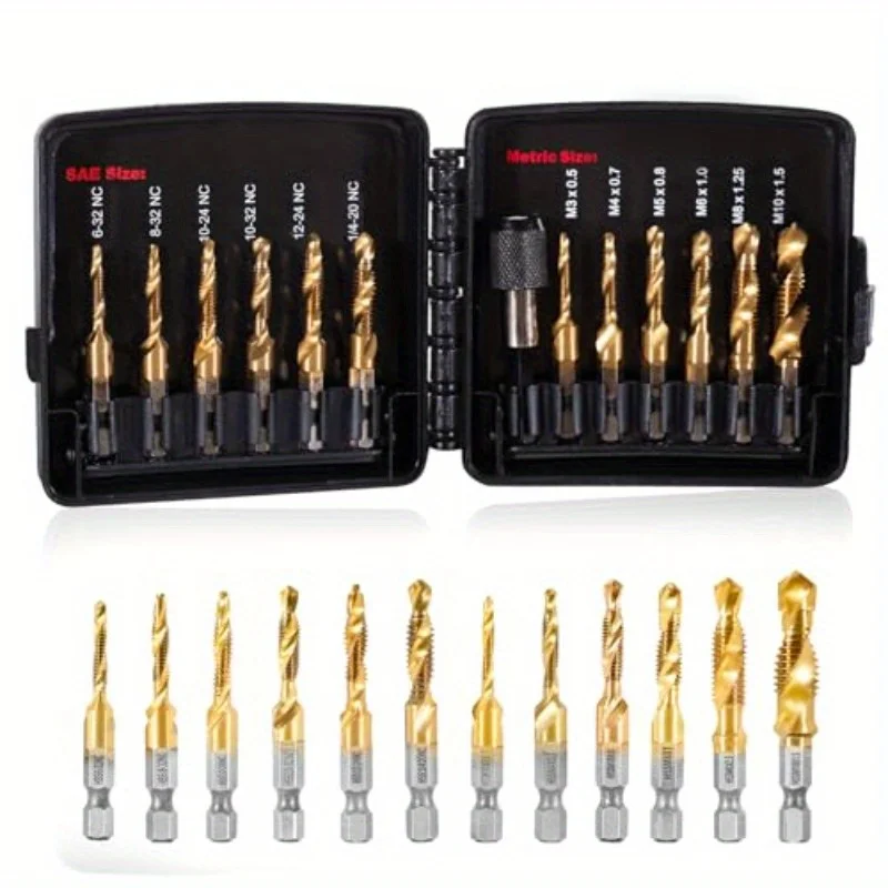 Drill Tap Set With Quick-Change Adapter Of 13Pcs, 6 SAE Sizes, 6 Metric Sizes, Combination Drill And Tap Set
Drill Tap Set With Quick-Change Adapter Of 13Pcs, 6 SAE Sizes, 6 Metric Sizes, Combination Drill And Tap Set