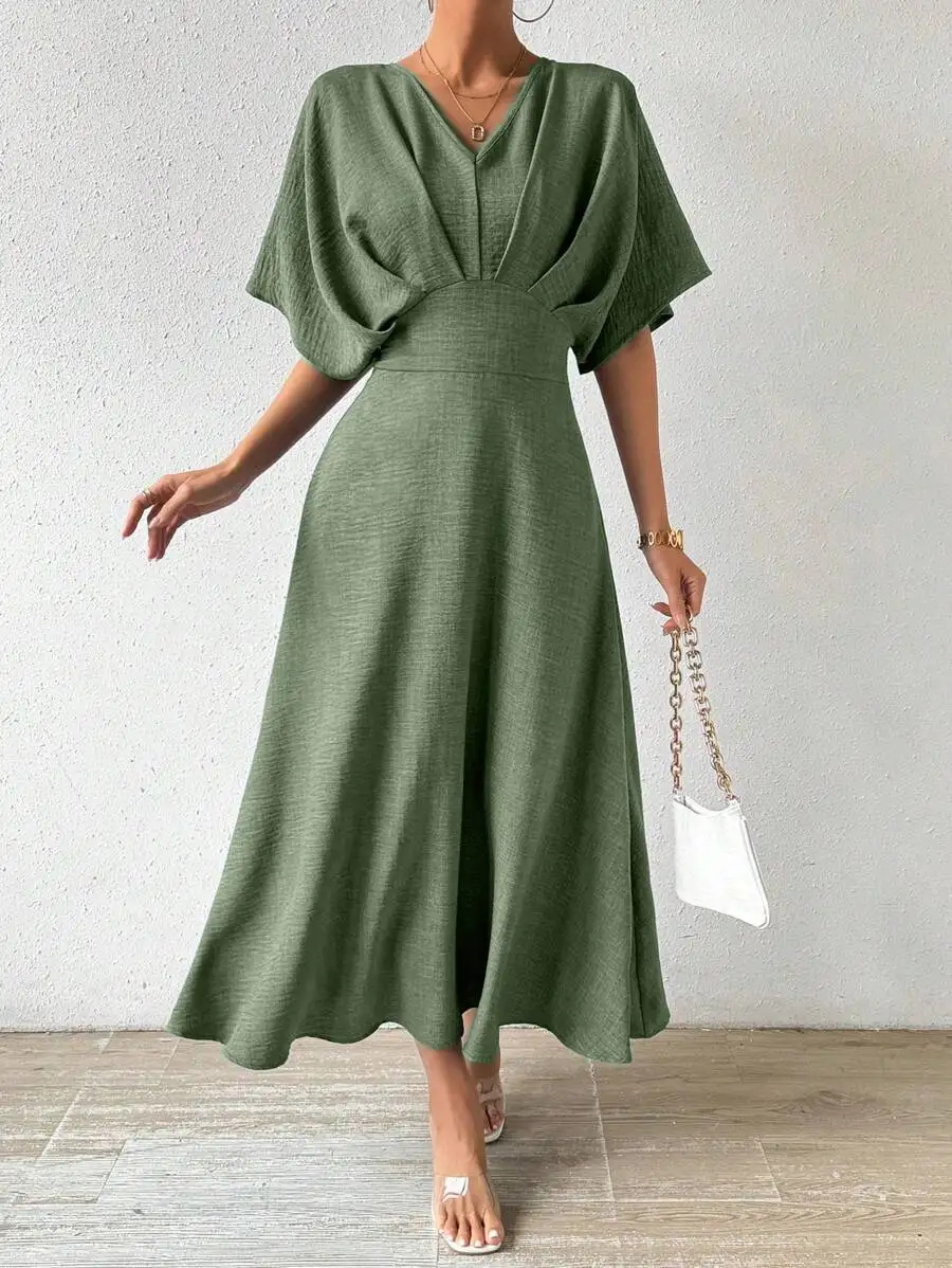 Women V-Neck Waist Cinched Batwing Short Sleeve Maxi Dress
Women V-Neck Waist Cinched Batwing Short Sleeve Maxi Dress