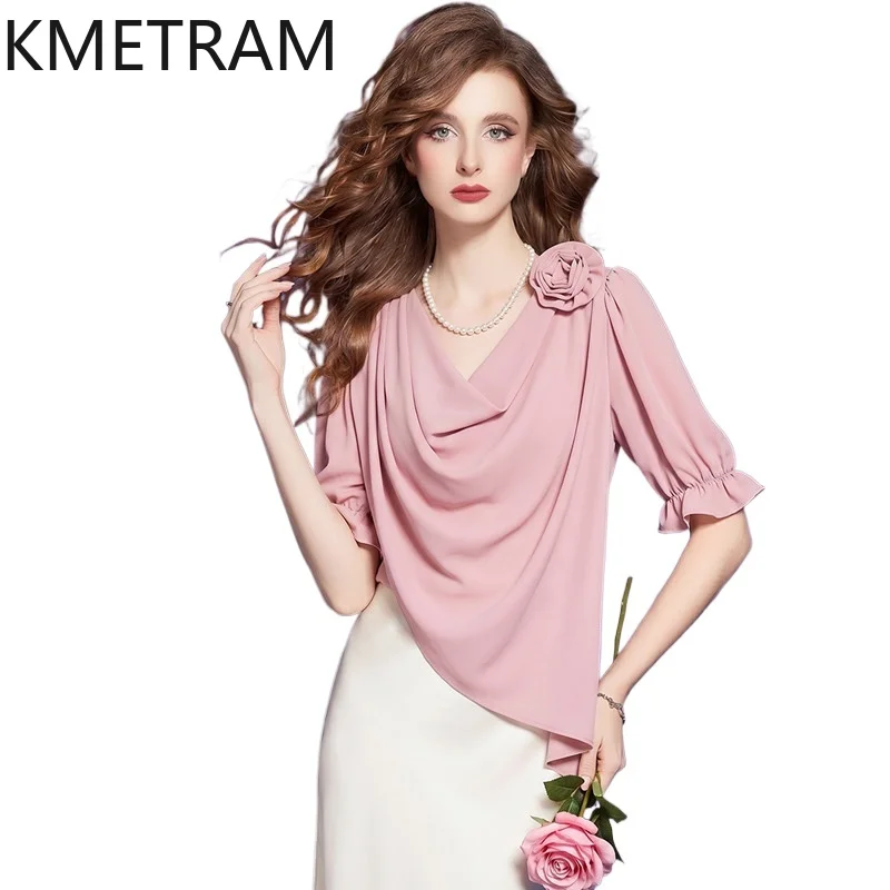 KMETRAM Elegant Cowl Neck Shirt for Woman Floral Applique Short Sleeve Blouse Ruffle Cuff Summer Tops New Women Clothes 2026 셔츠
KMETRAM Elegant Cowl Neck Shirt for Woman Floral Applique Short Sleeve Blouse Ruffle Cuff Summer Tops New Women Clothes 2026 셔츠