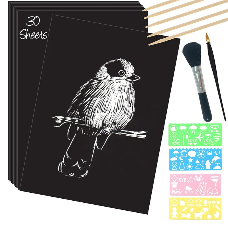 ABMR-Scratch Paper Art Set, 30 Sheets 8X11in Black Coated Scratchboard Large Scratch Paper With Wooden Styluses And Stencils 
ABMR-Scratch Paper Art Set, 30 Sheets 8X11in Black Coated Scratchboard Large Scratch Paper With Wooden Styluses And Stencils
