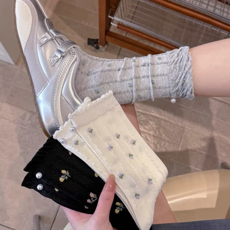 Women's Floral Ruffle Mid-Calf Socks, Cotton Pearl Decor Crew Socks, Cute Aesthetic Casual Socks for Daily Wear, All Seasons
Women's Floral Ruffle Mid-Calf Socks, Cotton Pearl Decor Crew Socks, Cute Aesthetic Casual Socks for Daily Wear, All Seasons