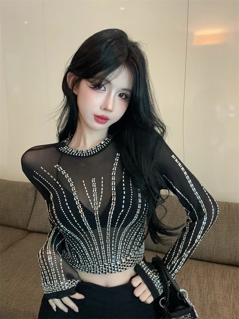 Short Sleeveless Base Shirt with Heavy Rhinestone Embellishment Long Sleeve Mesh Slim Fit American Sexy See-through...
Short Sleeveless Base Shirt with Heavy Rhinestone Embellishment Long Sleeve Mesh Slim Fit American Sexy See-through...