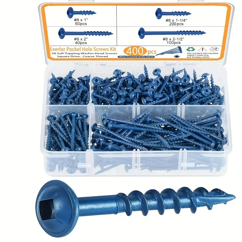 400-piece pocket hole Screw set with drill - 4 sizes #8, coarse threaded wood screws for treated wood, blue rust resistant coati
400-piece pocket hole Screw set with drill - 4 sizes #8, coarse threaded wood screws for treated wood, blue rust resistant coati