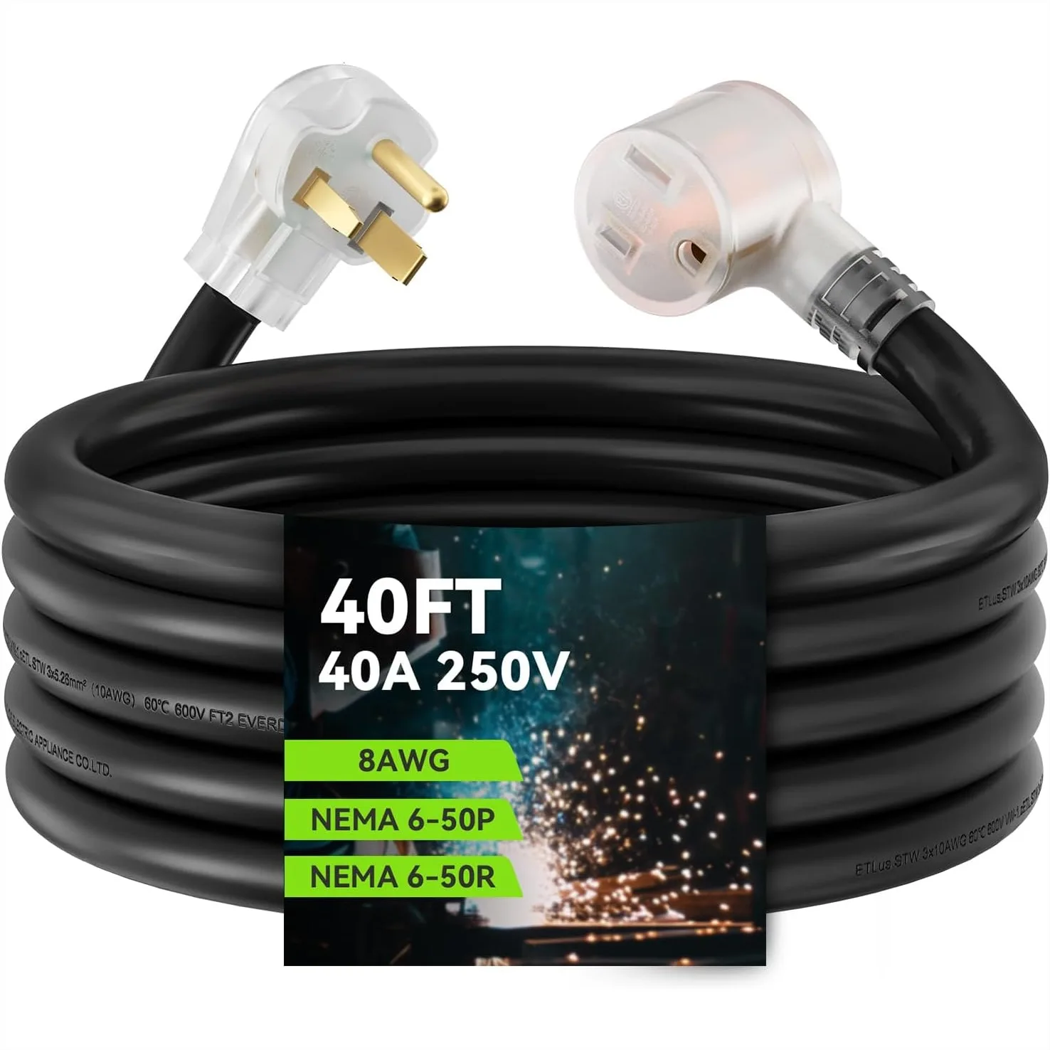40 Feet Heavy Duty Welder Extension Cord, 8 AWG 6-50 NEMA STW with Power Indicator, ETL Listed
40 Feet Heavy Duty Welder Extension Cord, 8 AWG 6-50 NEMA STW with Power Indicator, ETL Listed
