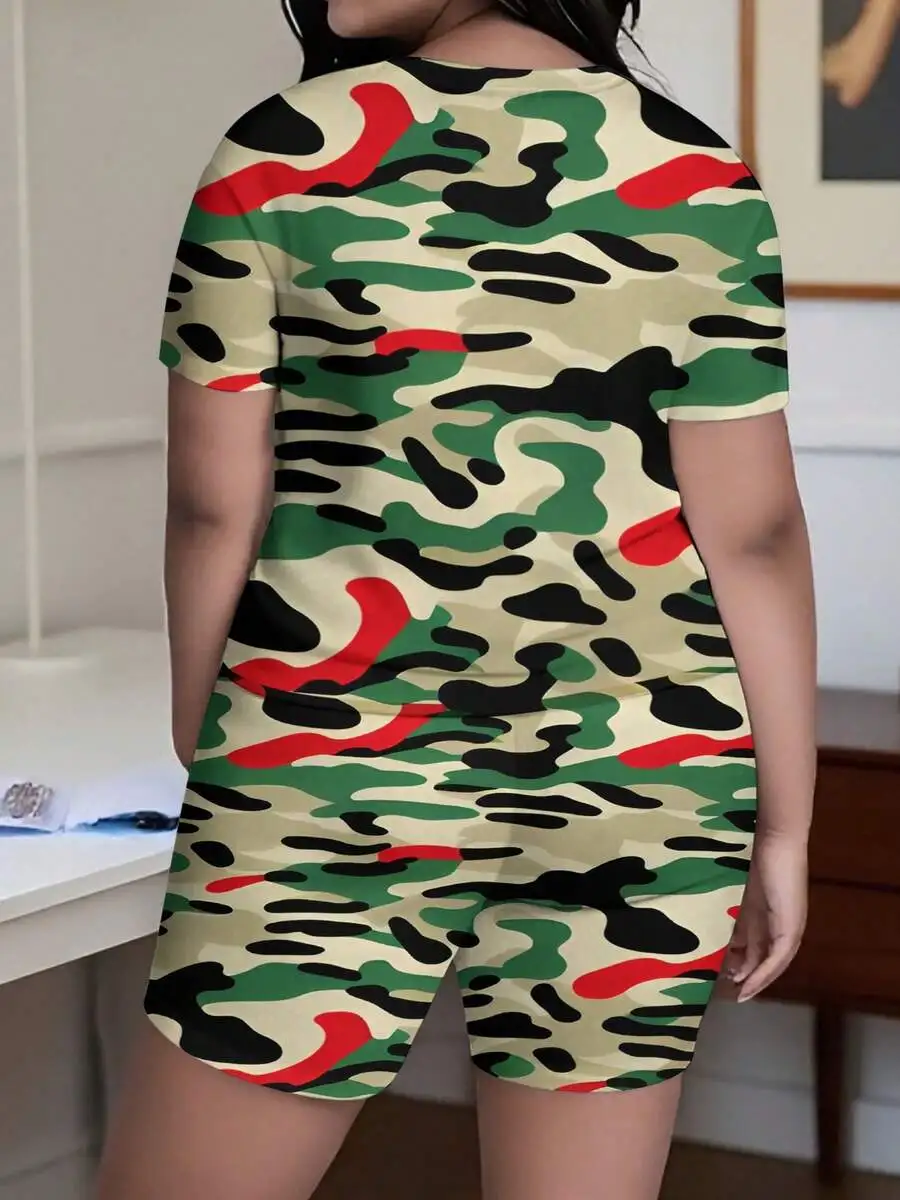 Women Plus Size Camouflage Print Short Sleeve Top And Shorts Set Casual Comfortable Knit Outfit
Women Plus Size Camouflage Print Short Sleeve Top And Shorts Set Casual Comfortable Knit Outfit