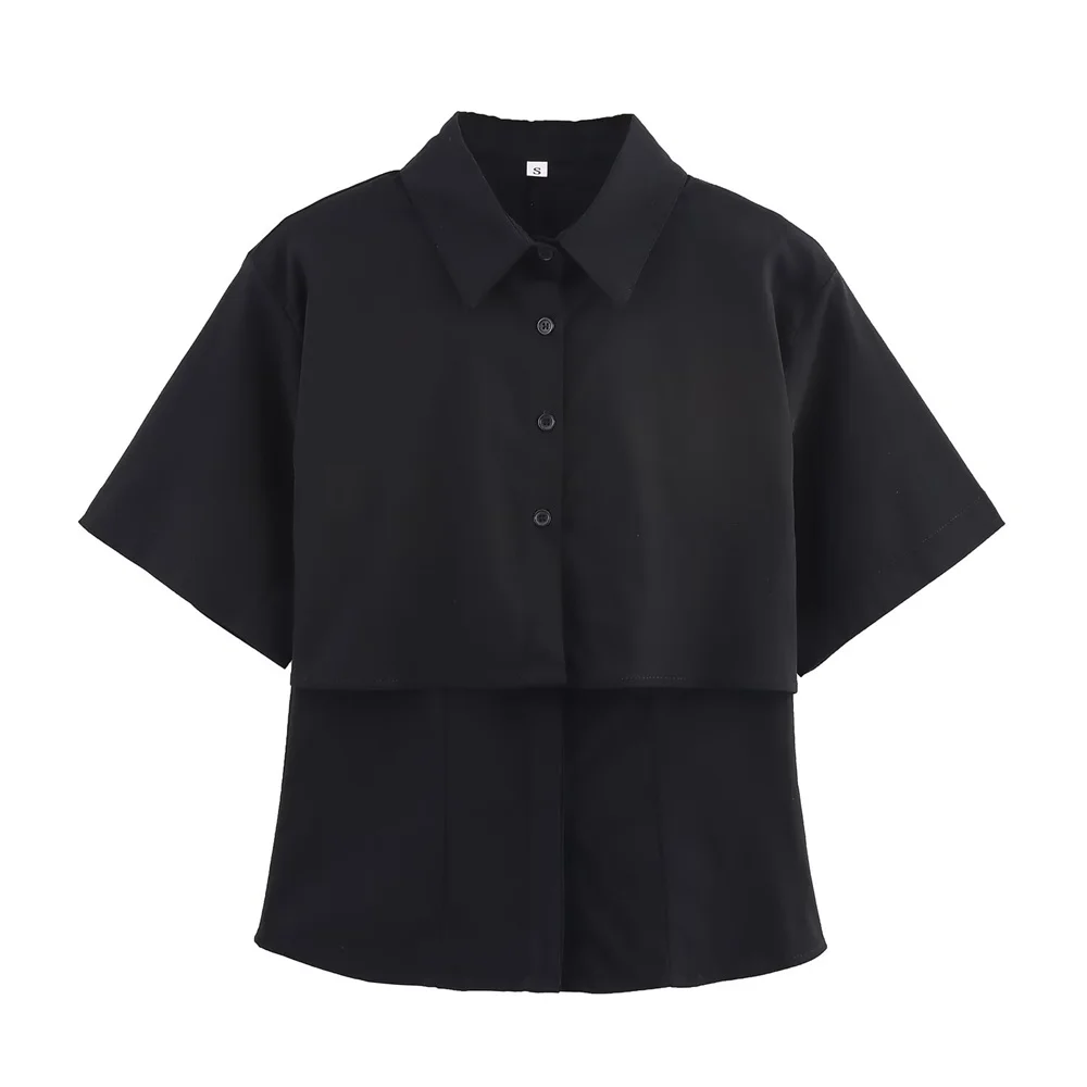 Women's new fashionable and simple short sleeved shirt with a double layered design and collar
Women's new fashionable and simple short sleeved shirt with a double layered design and collar