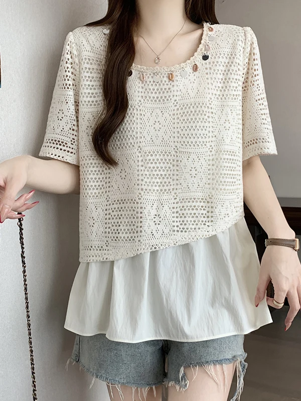 Slimming Illusion Two-Piece Short Sleeve Women's Summer Loose Hollow out Design Loose Meat Covering Overhead Top plus Size
Slimming Illusion Two-Piece Short Sleeve Women's Summer Loose Hollow out Design Loose Meat Covering Overhead Top plus Size