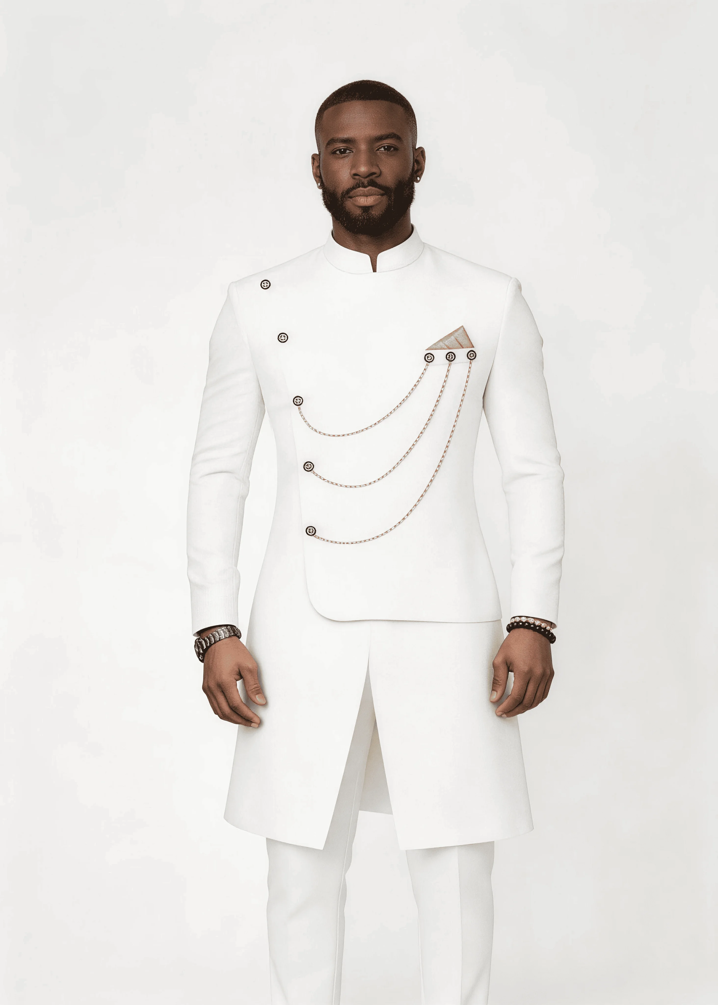 Men’s Solid White Gold Chain Decor Asymmetrical Formal Wear Set Stand Collar 2 Piece Wedding Groom Tunic Jacket & Pants Prom Hom
Men’s Solid White Gold Chain Decor Asymmetrical Formal Wear Set Stand Collar 2 Piece Wedding Groom Tunic Jacket & Pants Prom Hom