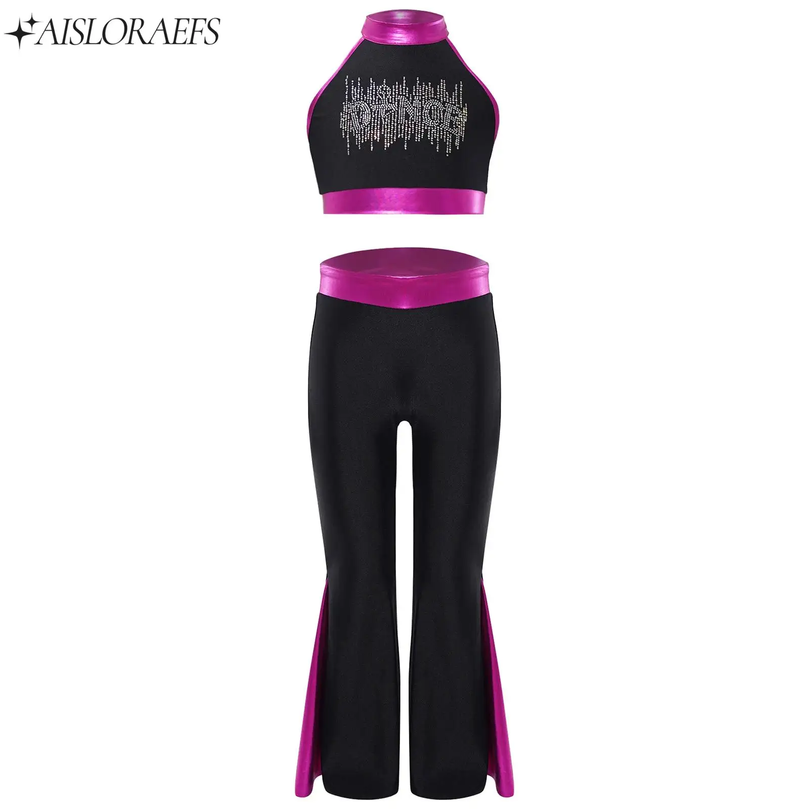 Kids Girls Jazz Ballet Stage Performance Costume Halter Sleeveless Backless Shiny Rhinestone Crop Top with Bell-bottomed Pants
Kids Girls Jazz Ballet Stage Performance Costume Halter Sleeveless Backless Shiny Rhinestone Crop Top with Bell-bottomed Pants