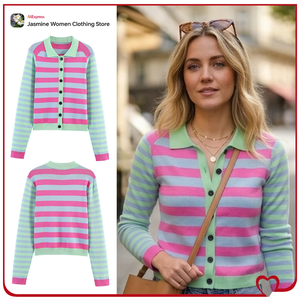 Elegant Chic Striped Cardigan for Women Stylish Spring Polo Neck Long Sleeve Knit Jackets New in Relaxtion Contrasting Knitwears
Elegant Chic Striped Cardigan for Women Stylish Spring Polo Neck Long Sleeve Knit Jackets New in Relaxtion Contrasting Knitwears