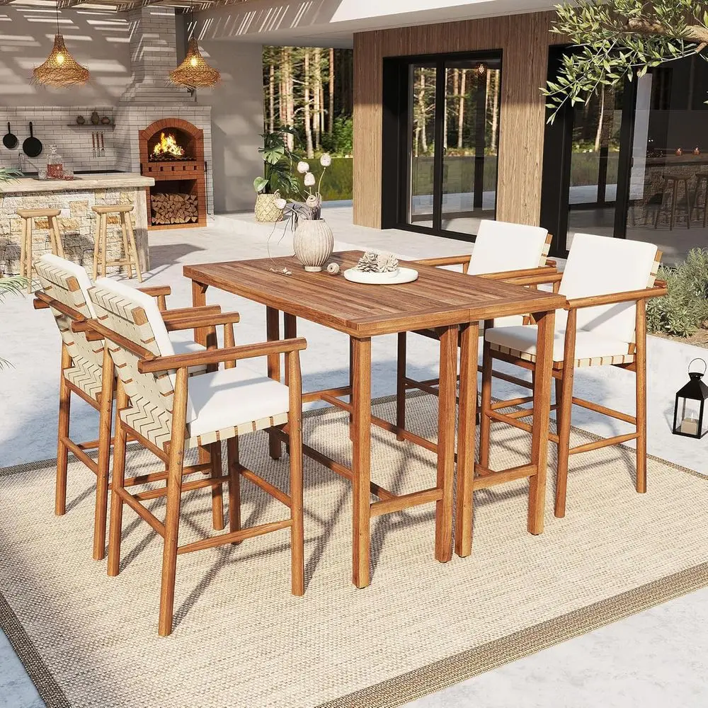 6-Piece Outdoor Bar Set: Acacia Wood Patio Bar Height Table with 4 Stools and Cushions for Backyard, Poolside Dining
6-Piece Outdoor Bar Set: Acacia Wood Patio Bar Height Table with 4 Stools and Cushions for Backyard, Poolside Dining