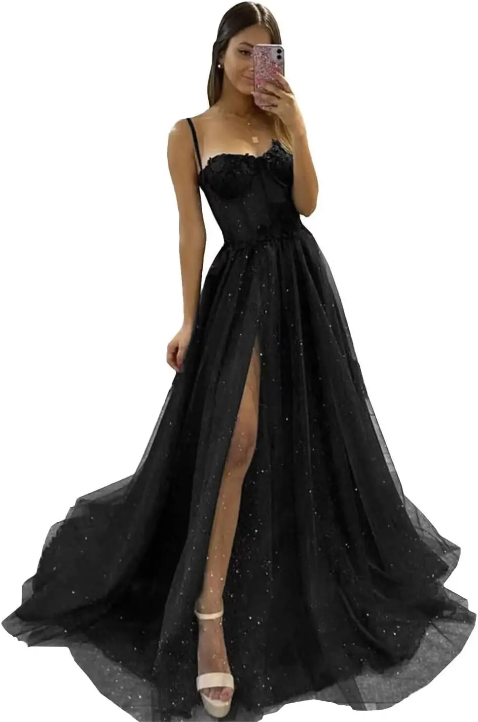Tulle Prom Dress Glitter for Women Long Spaghetti Straps Sweetheart Corset Boned with Split Formal Evening Party Gowns Black US0
Tulle Prom Dress Glitter for Women Long Spaghetti Straps Sweetheart Corset Boned with Split Formal Evening Party Gowns Black US0