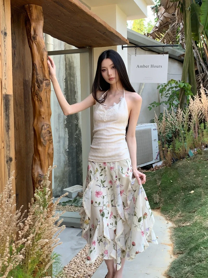 Mint Peach Spring Summer Knitted Lace Patchwork Halter Print Asymmetrical Skirt Holiday Style Set Women's Hanfu Ensemble
Mint Peach Spring Summer Knitted Lace Patchwork Halter Print Asymmetrical Skirt Holiday Style Set Women's Hanfu Ensemble