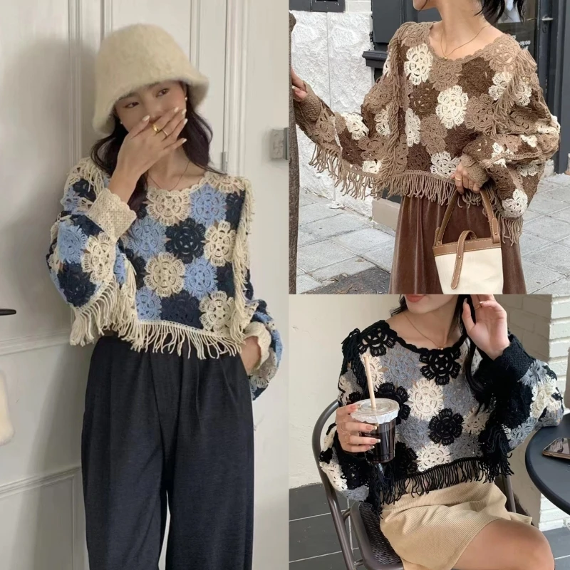 Women's O-neck Knit Tops Hollow out Retro Flower Tassel Tops French T-shirt Long Sleeves T-shirt N7YF
Women's O-neck Knit Tops Hollow out Retro Flower Tassel Tops French T-shirt Long Sleeves T-shirt N7YF