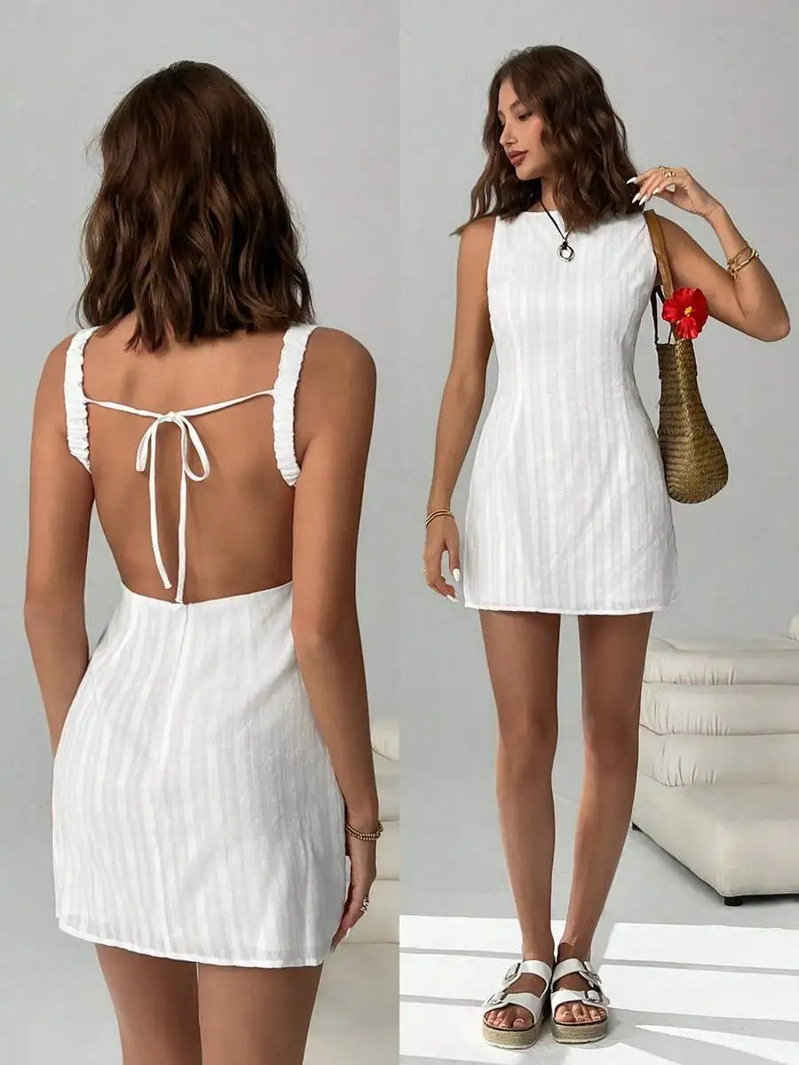 White Ribbed Mini Dress with Open Back Tie Detail, Sleeveless Casual Summer Dress
White Ribbed Mini Dress with Open Back Tie Detail, Sleeveless Casual Summer Dress