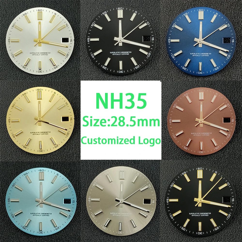 28.5mm watch dial custom logo men's watch blue luminous dial suitable for NH35 movement watch accessories
28.5mm watch dial custom logo men's watch blue luminous dial suitable for NH35 movement watch accessories