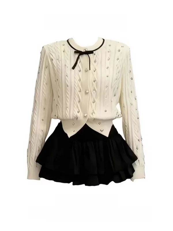 White Rhinestone Knitted Sweater Cardigan Women's Slim Fit Top Black Skirt Two-Piece Set Spring Autumn Fashion Casual Wear
White Rhinestone Knitted Sweater Cardigan Women's Slim Fit Top Black Skirt Two-Piece Set Spring Autumn Fashion Casual Wear