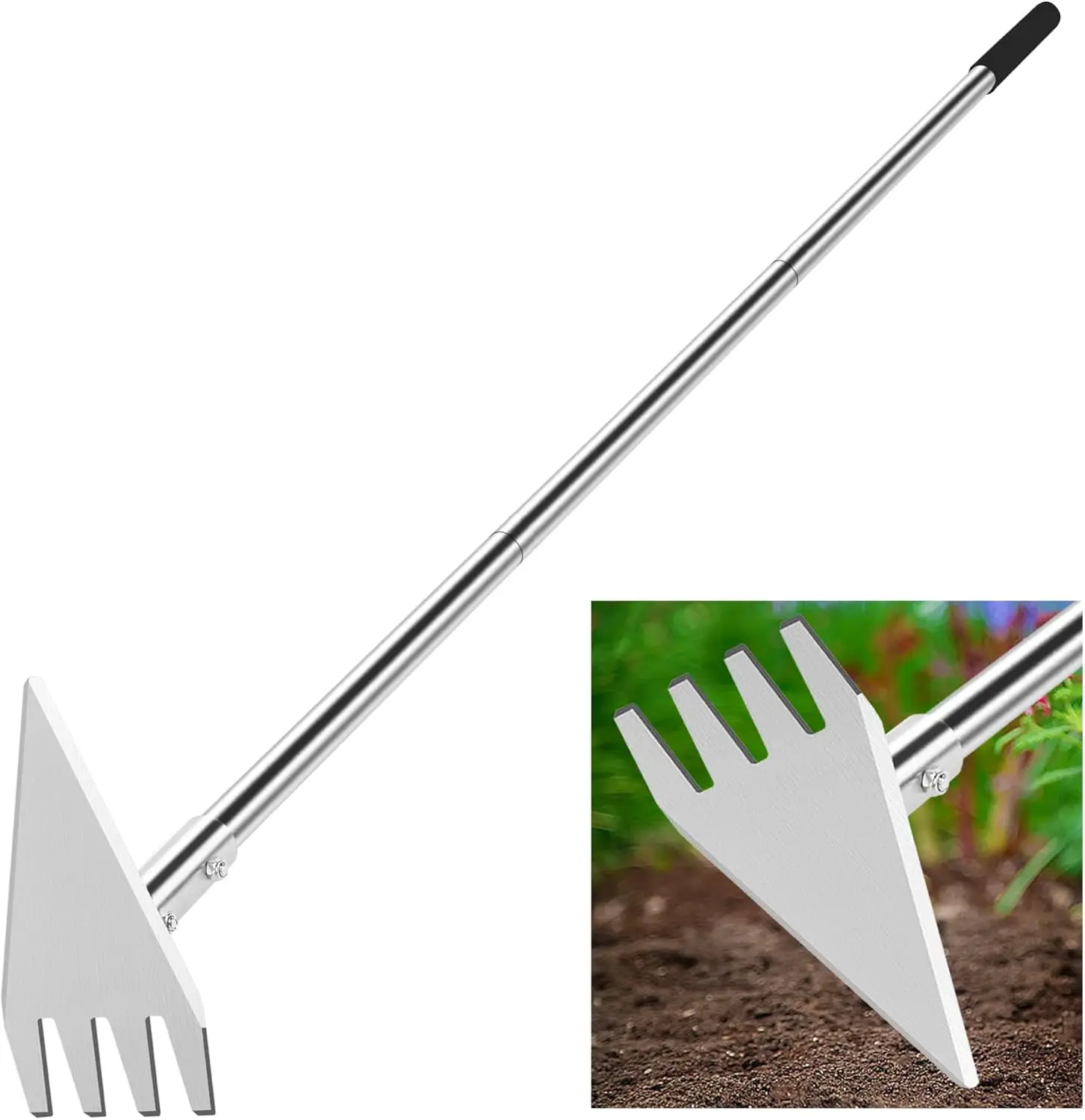 2-in-1 Garden Hoe & Weed Rake, Adjustable Long Handle 29.5"-57.7", Stainless Steel Cultivator for Weeding, Digging, Loosening
2-in-1 Garden Hoe & Weed Rake, Adjustable Long Handle 29.5"-57.7", Stainless Steel Cultivator for Weeding, Digging, Loosening