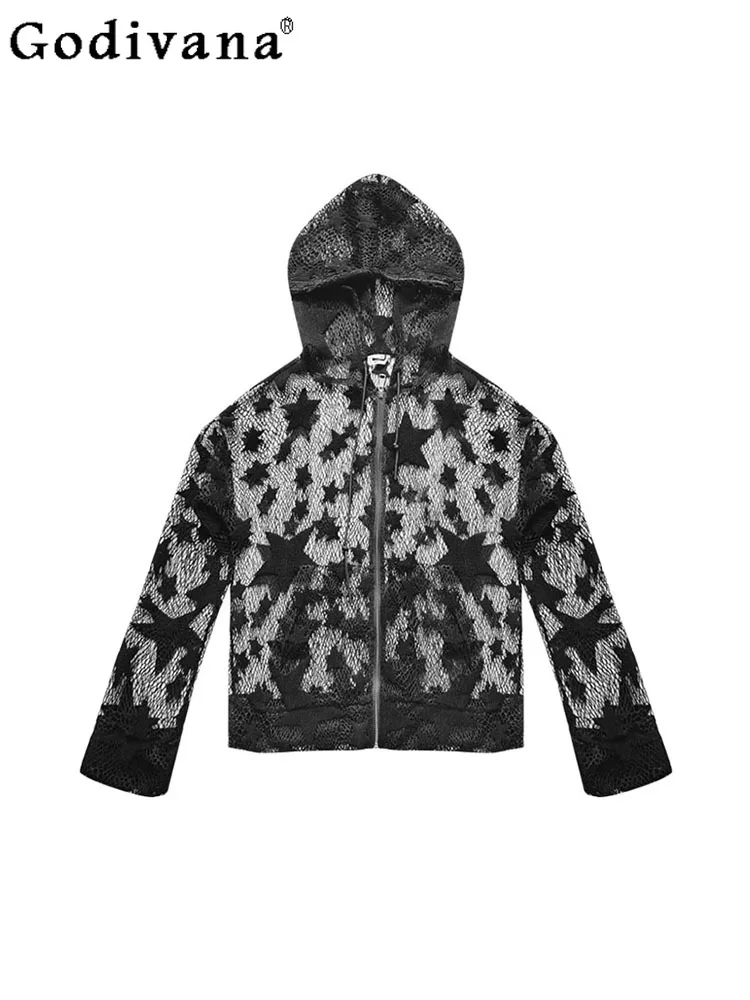 Elegant Black Gauze Hollow Loose Long Sleeve Versatile Hooded Coat Spring Autumn Girl Sexy Solid Color Lace Zipper Street Top
Elegant Black Gauze Hollow Loose Long Sleeve Versatile Hooded Coat Spring Autumn Girl Sexy Solid Color Lace Zipper Street Top
