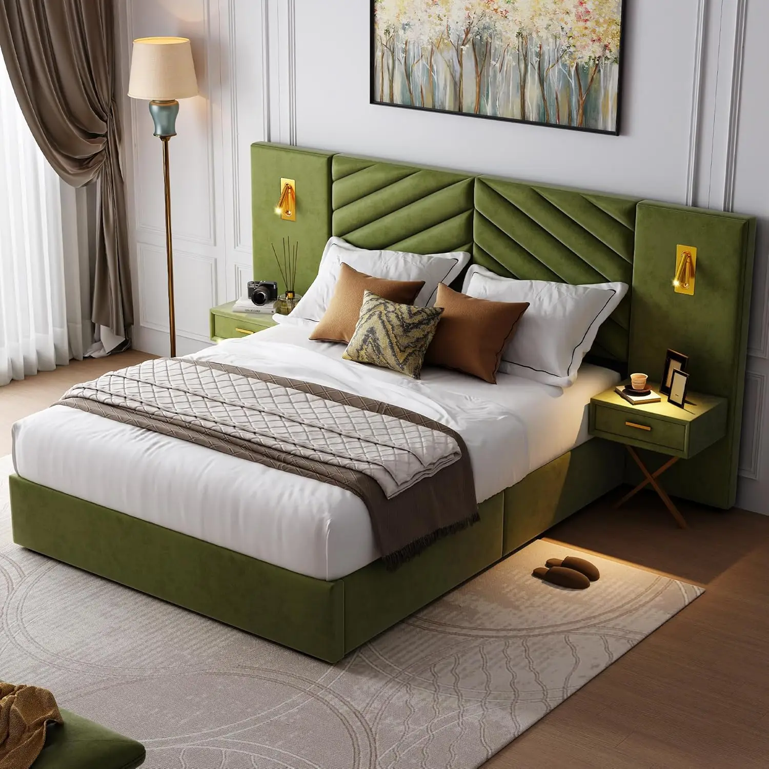 Luxurious Queen Platform Bed Frame, Velvet Upholstered Headboard with 2 Built-in Wall Sconces & Nightstands, Olive Green
Luxurious Queen Platform Bed Frame, Velvet Upholstered Headboard with 2 Built-in Wall Sconces & Nightstands, Olive Green