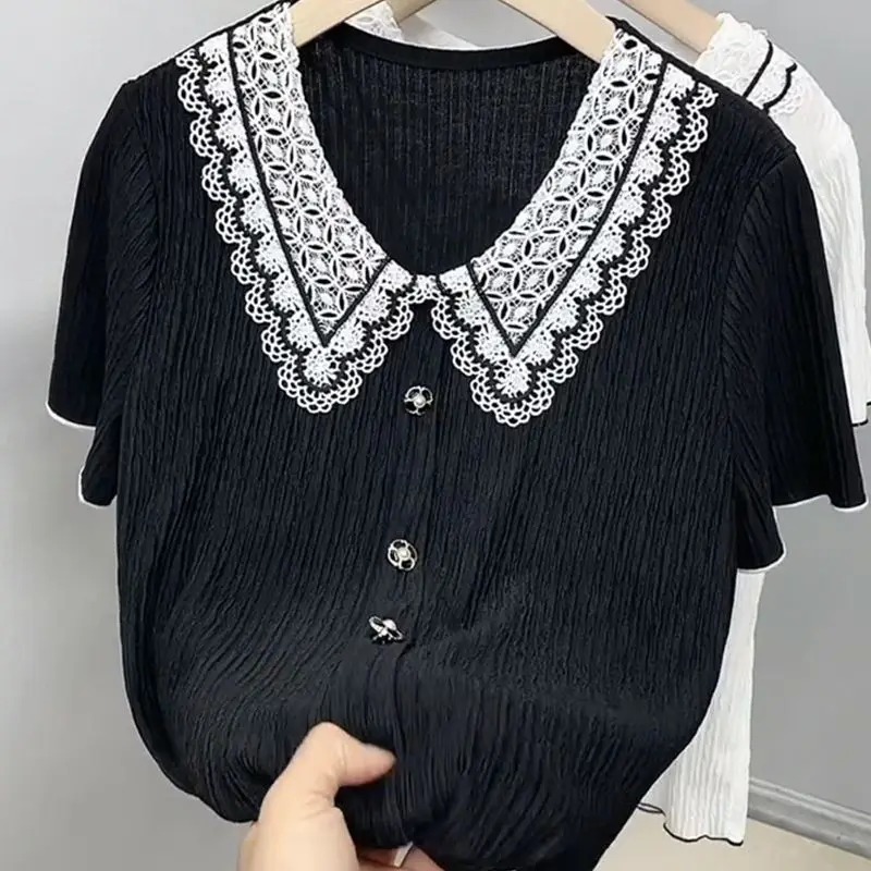 2024 Women's Clothing Summer Short Sleeve Turn-down Collar Pullovers Button Solid Color Lace Lace All-match Commute Slim Tops
2024 Women's Clothing Summer Short Sleeve Turn-down Collar Pullovers Button Solid Color Lace Lace All-match Commute Slim Tops