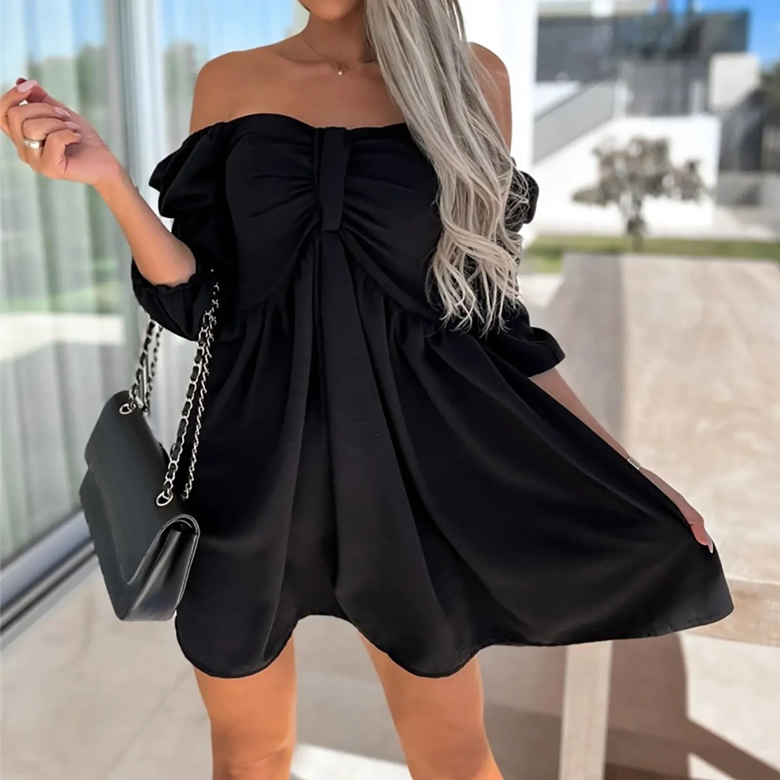 Summer Mini Dress Women Off Shoulder Half Sleeve Party Dress Slim A-Line Dress Fashion Casual Solid Frill Trim Strapless Dresses
Summer Mini Dress Women Off Shoulder Half Sleeve Party Dress Slim A-Line Dress Fashion Casual Solid Frill Trim Strapless Dresses