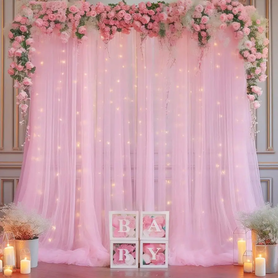 Pink Tulle Backdrop Curtain with Lights String for Parties, Sheer Photo Curtain Backdrop Drapes for Wedding Party Photography Ba
Pink Tulle Backdrop Curtain with Lights String for Parties, Sheer Photo Curtain Backdrop Drapes for Wedding Party Photography Ba