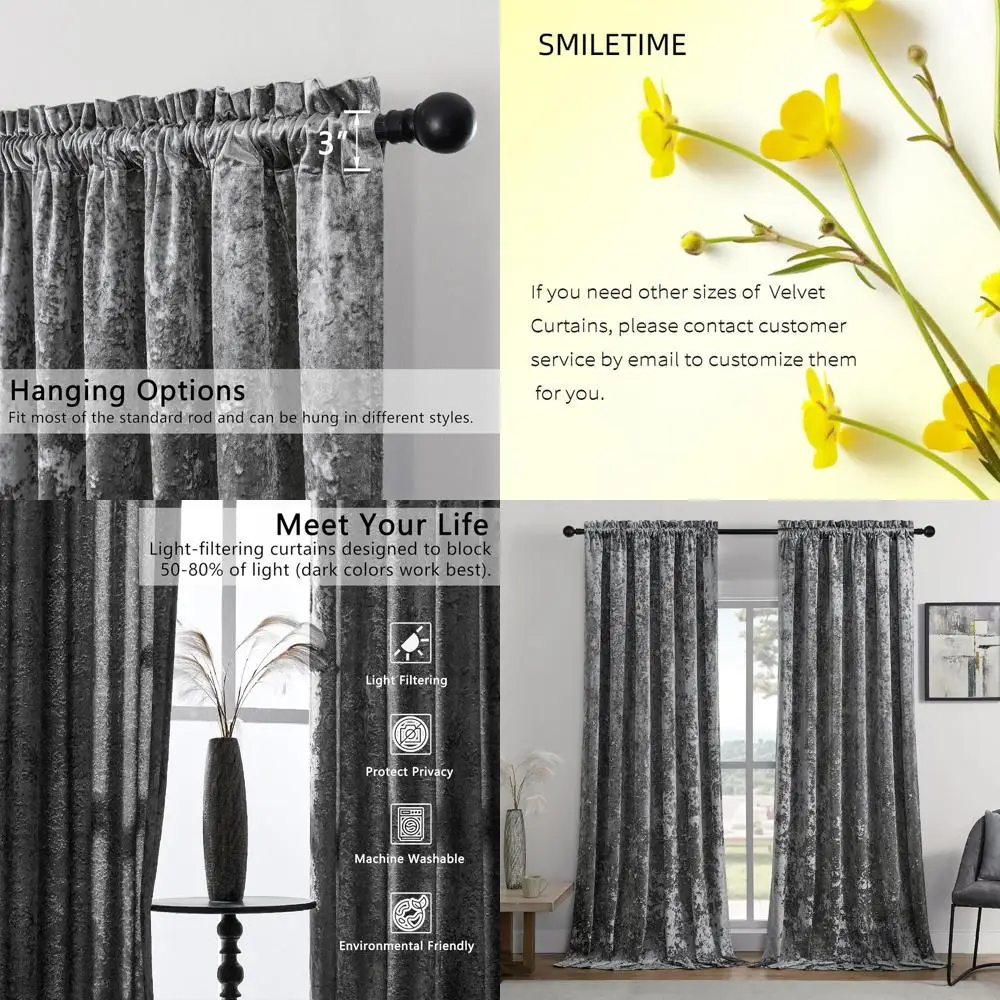 Luxurious 52x84 Inch Crushed Velvet Curtains, Thermal Insulated, Soundproof, Light Filtering for Living Spaces, 2 Panel Set
Luxurious 52x84 Inch Crushed Velvet Curtains, Thermal Insulated, Soundproof, Light Filtering for Living Spaces, 2 Panel Set