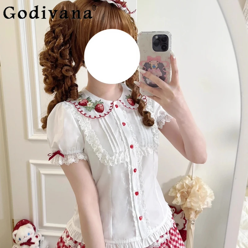 Original Soft Girls Strawberry Embroidery Sweet Lolita White Shirt Woman's Cute Sweet Slim Fit Short Sleeve Blouses Inner Tops
Original Soft Girls Strawberry Embroidery Sweet Lolita White Shirt Woman's Cute Sweet Slim Fit Short Sleeve Blouses Inner Tops