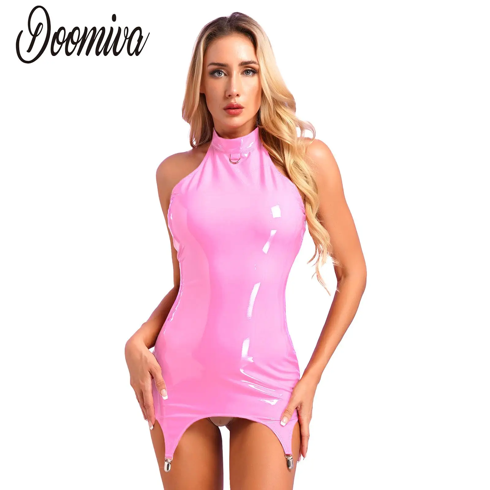 Womens Latex Bodycon Dress with Suspender Garters Patent Leather Halter Minidress Sleeveless Zipper Party Dress for Club Rave
Womens Latex Bodycon Dress with Suspender Garters Patent Leather Halter Minidress Sleeveless Zipper Party Dress for Club Rave
