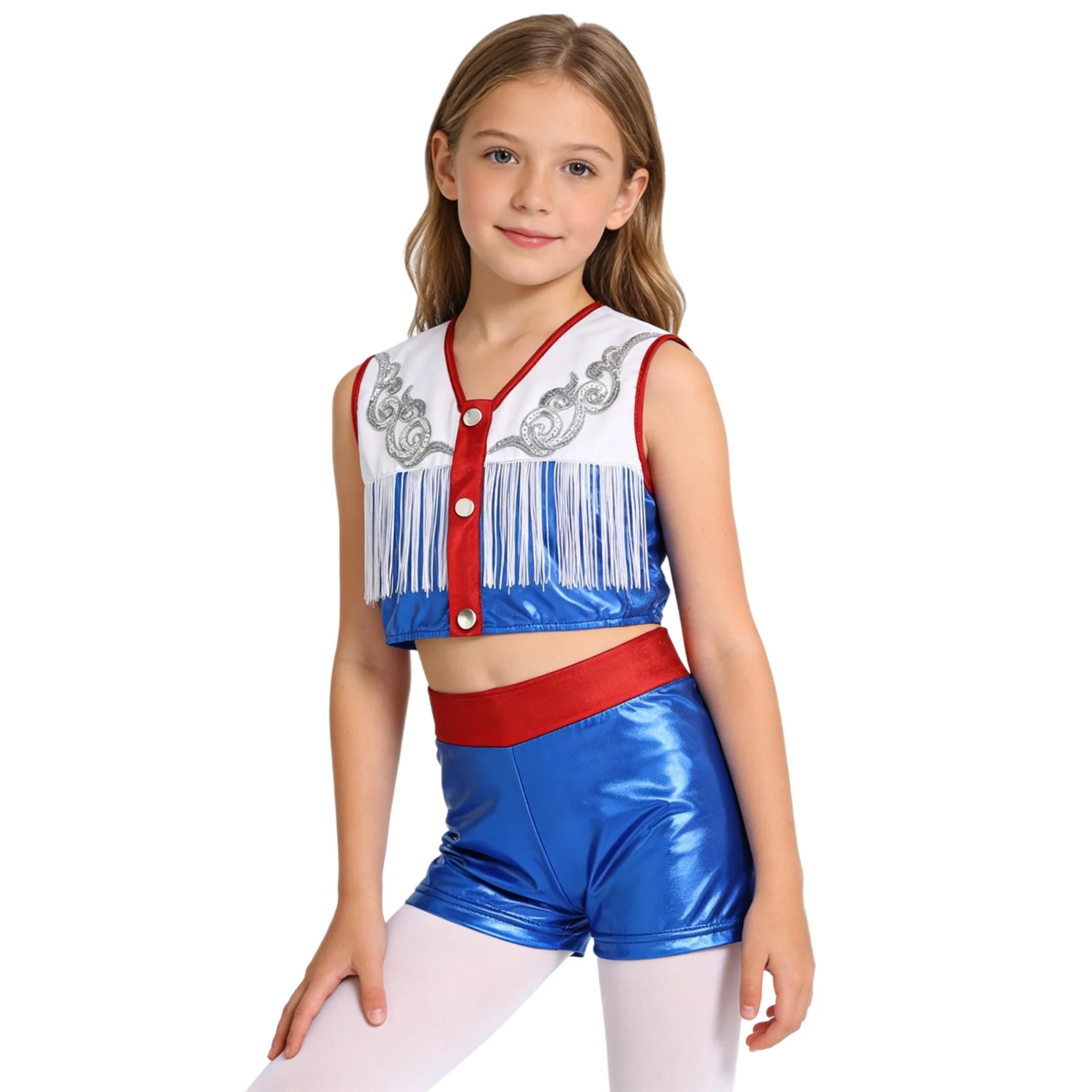 Детский ковбойский костюм черлидинга в стиле вестерн для девочек, металлический укороченный топ без рукавов с бахромой и шортами с блестками, карнавальная праздничная одежда
Детский ковбойский костюм черлидинга в стиле вестерн для девочек, металлический укороченный топ без рукавов с бахромой и шортами с блестками, карнавальная праздничная одежда