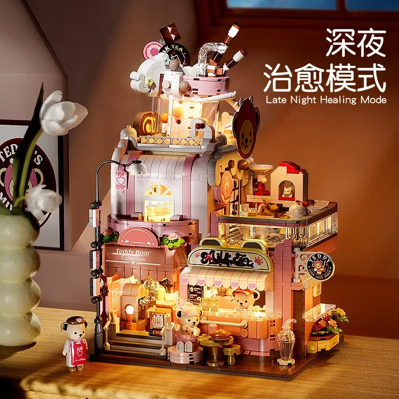 Creative Kumamoto Bear Street Views Bubble Tea Store Building Block Toy with Light Shop Landscape Model Bricks Toy for Girl Gift
Creative Kumamoto Bear Street Views Bubble Tea Store Building Block Toy with Light Shop Landscape Model Bricks Toy for Girl Gift