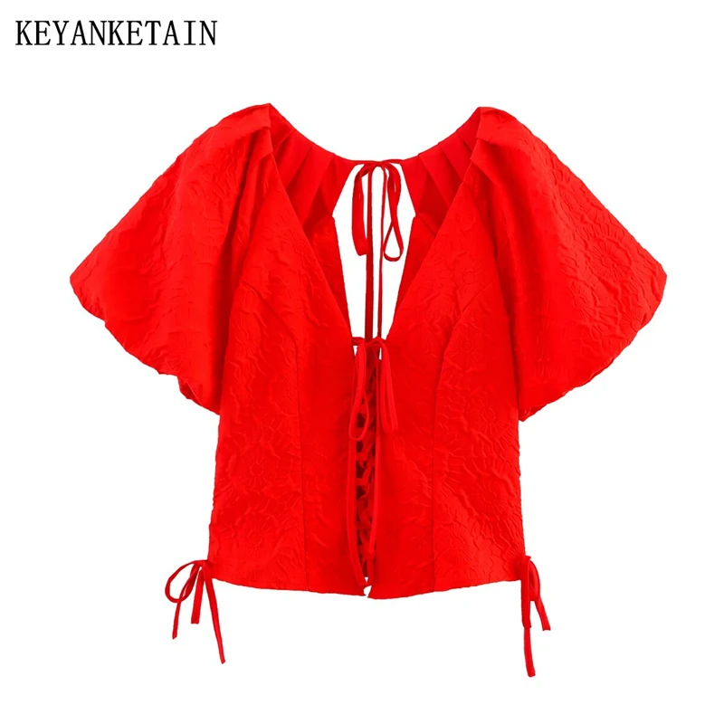 KEYANKETIAN 2025 Summer New Women's Pleats Texture Puff Sleeve Shirt Holiday wind Cross Lace Up Hollow out Blouses Red Crop Top
KEYANKETIAN 2025 Summer New Women's Pleats Texture Puff Sleeve Shirt Holiday wind Cross Lace Up Hollow out Blouses Red Crop Top