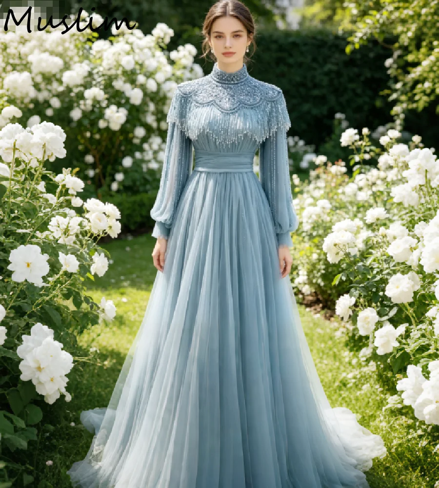 Graceful Dusty Blue Prom Dress With Beaded Elegant High Neck Muslim Evening Dresses 2026 Long Sleeve Tulle Formal Occasion Party
Graceful Dusty Blue Prom Dress With Beaded Elegant High Neck Muslim Evening Dresses 2026 Long Sleeve Tulle Formal Occasion Party