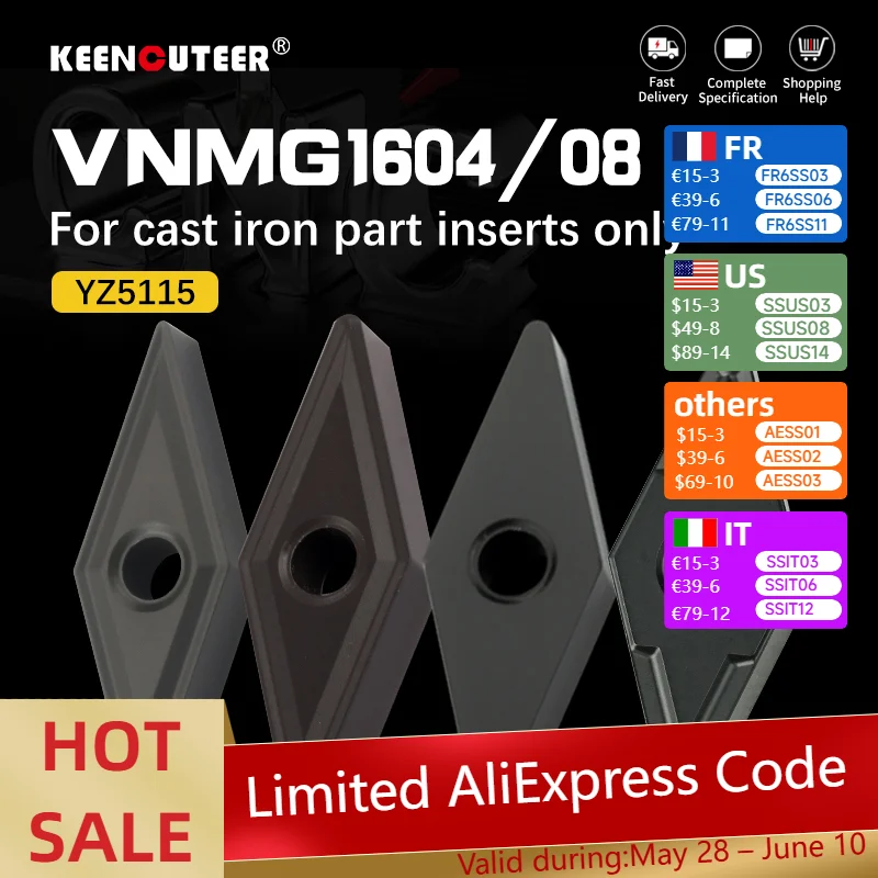 10PCS VNMG160404/08 YZ5115 Tungsten Carbide Inserts for Cast Iron Machining Suitable CNC Lathe Turning Tools VNMG Insert Steel
10PCS VNMG160404/08 YZ5115 Tungsten Carbide Inserts for Cast Iron Machining Suitable CNC Lathe Turning Tools VNMG Insert Steel