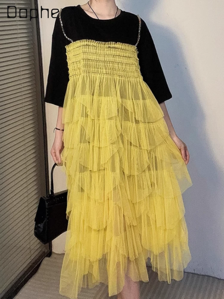 Mesh Stitching Short Sleeve Fake Two Pieces Cake Dress 2024 Summer New Girlish Style Crew Neck Casual T-shirt Dress Women
Mesh Stitching Short Sleeve Fake Two Pieces Cake Dress 2024 Summer New Girlish Style Crew Neck Casual T-shirt Dress Women