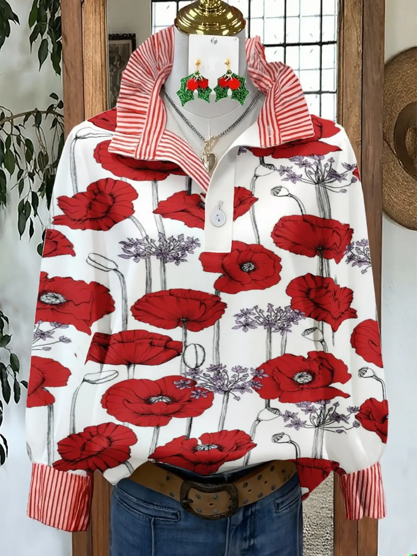 2026Ladies' striped casual fashion shirt with multi-color striped collar and half button shirt pattern,Red large floral print
2026Ladies' striped casual fashion shirt with multi-color striped collar and half button shirt pattern,Red large floral print